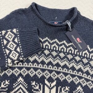 Vineyard Vines Mens M Chunky Snowflake Roll Neck Sweater Navy Merino Wool Blend